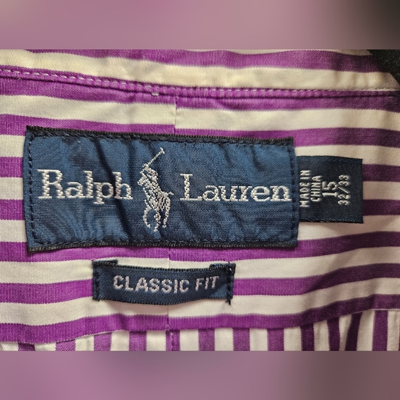 Ralph Lauren Men's Classic Fit Striped Poplin Shirt - Size 15 in Purple/White - Picture 8 of 14